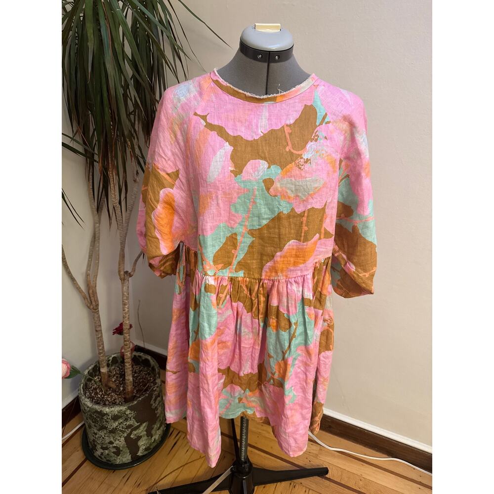Lanhtropy 100% Linen Floral Babydoll Tunic/ Mini Dress Pink One Size